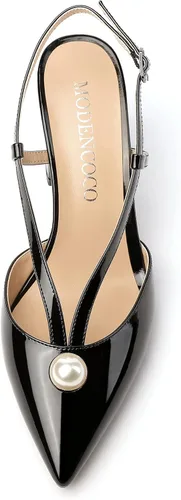 Vista 3 de MODENCOCO Zapatos de tacón alto para mujer, correa de tobillo recortada, charol perla, puntera puntiaguda, 3.5 pulgadas