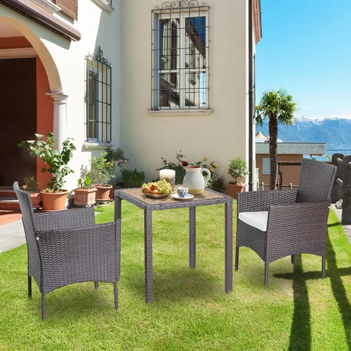 Vista 3 de COSTWAY Juego de comedor de mimbre para patio, mesa de madera de acacia con sillas acolchadas para jardín
