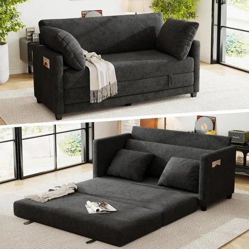 Vista 12 de Sofá cama loveseat de 51 pulgadas, sofá cama convertible de chenilla para espacios pequeños, sofá cama plegable con asiento profundo, 2 almohadas
