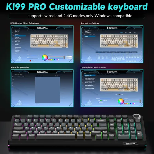 Vista 8 de SOLAKAKA KI99 Pro - Teclado mecánico inalámbrico con interruptor silencioso, interruptores preiluminados intercambiables en caliente, teclado