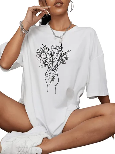 Vista 4 de SOLY HUX Camiseta casual de media manga con estampado floral para mujer