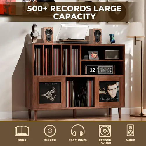 Vista 5 de Soporte XL para tocadiscos con puertas corredizas, gabinete de almacenamiento para más de 500 discos de vinilo con estación de carga y puertos USB