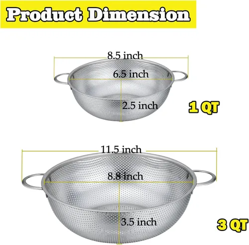 Vista 3 de P&P CHEF Colador de acero inoxidable, colador de alimentos microperforado con asa para lavar y drenar, ideal para pasta, frutas, verduras, apto