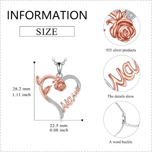 Vista 2 de AXELUNA Collar de mamá para mujer, collar de plata de ley 925 con corazón y rosa, regalo para mujer, Plata esterlina, Circón