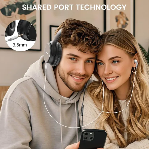 Vista 7 de Auriculares con cable USB C sobre la oreja con micrófono, control de volumen, puerto compartido y diadema ajustable, auriculares estéreo plegables