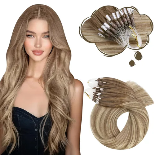 Vista 17 de Moresoo Micro Link - Extensiones de cabello humano de color rubio oscuro y rubio ceniza, extensiones de cabello humano real para boda, 2.01 oz