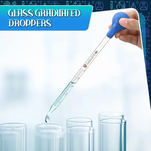 Vista 2 de Weewooday Pipetas de vidrio con goteros de vidrio graduados para laboratorio, pipeta líquida con sombreros de goma grandes de 7.9 in, varilla