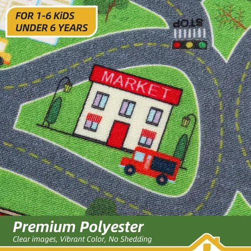 Vista 6 de BEQHAUSE Alfombra de juego para niños, alfombra de tráfico de ciudad verde, ideal para jugar con autos, alfombra de área de juegos de 32 x 60
