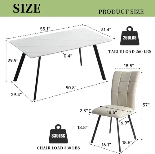 Vista 2 de HIPIHOM Conjunto moderno de mesa de comedor para 4, mesa rectangular de piedra sinterizada blanca y sillas, juego de 6 para el hogar, cocina, sala