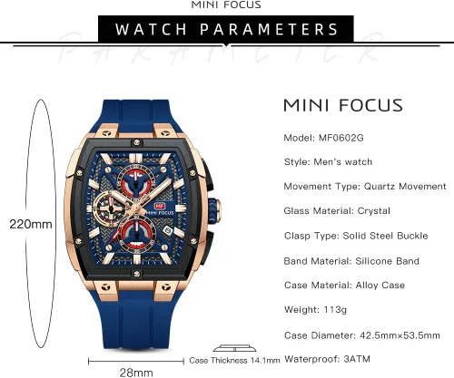 Vista 6 de MF MINI FOCUS Reloj analógico impermeable para hombre, reloj de pulsera con fecha, esqueleto Tonneau para hombre con cronógrafo, ideal