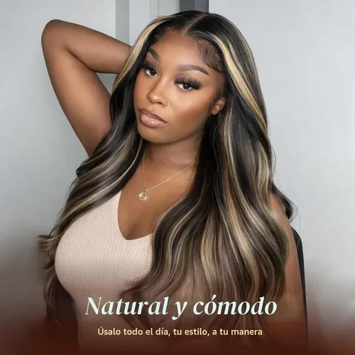 Vista 8 de Juvid Peluca de cabello humano de color balayage FB/27 de 13x6, densidad Pelucas de cabello humano ondulado con encaje frontal de 13 x 6