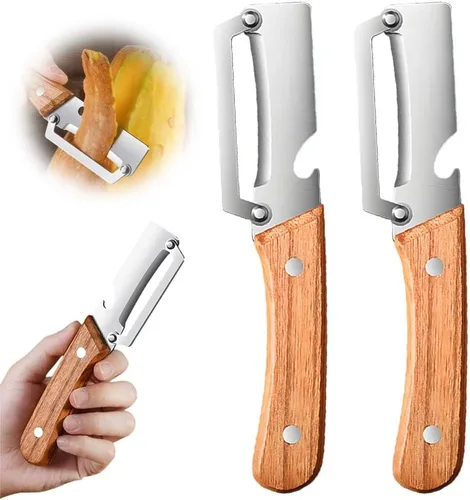 Vista 9 de Cuchillo pelador de frutas grueso multifuncional de acero inoxidable para cocina, hoja ultraafilada con mango de madera y abridor de botellas