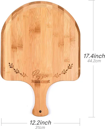 Vista 6 de Cáscara de pizza de bambú prémium de 12 pulgadas con mango Pala de pizza de madera, tabla de cortar para frutas, verduras, queso, pan