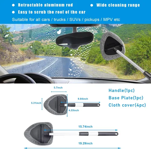 Vista 2 de Ziciner Limpiador de parabrisas de automóvil, limpiaparabrisas de microfibra con mango extensible de aluminio y 2 cabezales de almohadilla de tela