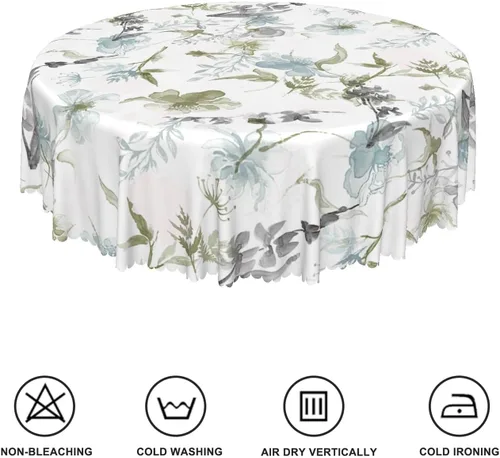 Vista 6 de Mantel redondo floral rústico de 48 pulgadas, con estampado botánico de flores en acuarela verde, azul y gris, a prueba de derrames y aceite, tela
