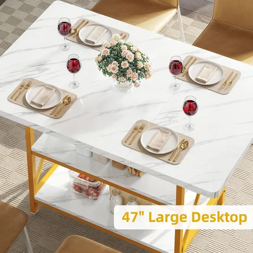 Vista 3 de DWVO Mesa de comedor rectangular de 47 pulgadas para 4 personas, mesa de cocina moderna de mármol blanco con estante de almacenamiento y patas