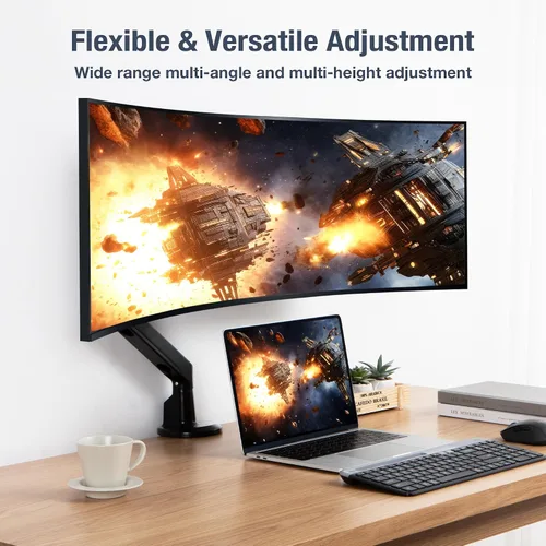 Vista 4 de AVLT Soporte de escritorio con brazo de monitor individual de 13 a 38 pulgadas, se adapta a un monitor plano, curvo/ultraancho, altura de movimiento