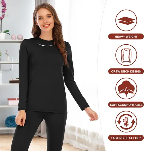 Vista 4 de Zando Conjunto de ropa interior térmica pesada para mujer, con forro polar, pantalones largos para mujer, capa base, ropa térmica de invierno