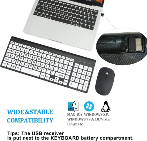 Vista 5 de Teclado y mouse inalámbricos de tamaño completo con impresión grande de 0.08 oz con impresión de gran tamaño para personas con discapacidad visual
