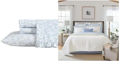 Vista 4 de Laura Ashley - Paquete de ropa de cama Twin, edredón reversible con funda a juego y juego de sábanas de percal de algodón, bolsillo profundo