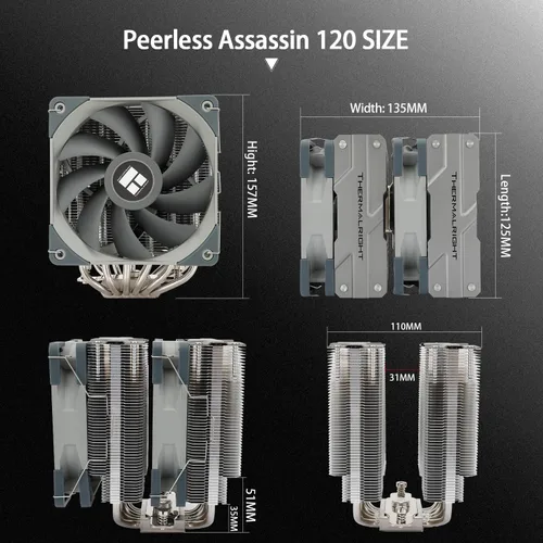 Vista 5 de Thermalright Peerless Assassin 120 - Enfriador de aire para CPU, 6 tubos de calor, ventiladores PWM duales de 4.724 in, 1550 rpm ± 10%, radiador