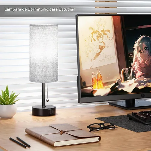 Vista 5 de Juego de 2 lámparas de noche grises para dormitorio, lámpara de mesa de noche con puerto de carga USB A + C, 3 temperaturas de color, cadena