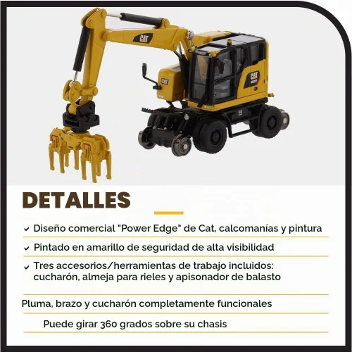 Vista 5 de Diecast Masters CAT Caterpillar M323F Excavadora de ruedas de ferrocarril con 3 accesorios High Line Series 1/87 (HO) Escala Diecast Modelo 85612