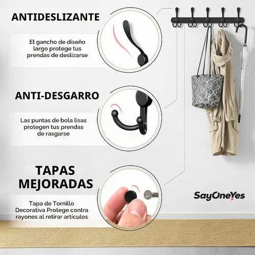 Vista 3 de Perchero de pared con 5 ganchos triples, acero inoxidable de 40.6 cm – Acabado mate negro, perchero de pared resistente para abrigos, sombreros