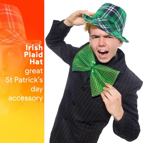 Vista 2 de Skeleteen Fedora verde a cuadros irlandeses, accesorios de disfraz del día de San Patricio, sombrero de duende para hombres, mujeres y niños