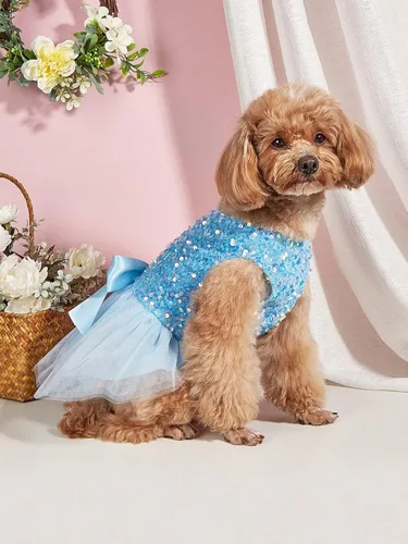 Vista 5 de QWINEE Vestido de perro con decoración de lazo, lindo vestido de cachorro, falda tutú, vestido de princesa para gato, vestido de verano para fiesta