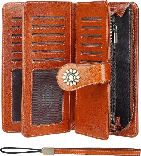 Vista 3 de Lavemi - Cartera de piel con bloqueo RFID para mujer, de gran capacidad, para llevarla a la muñeca