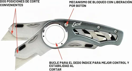 Vista 3 de Excel Blade Revo – Cúter plegable con mango, seguro y clip Cerradura de 3 posiciones, anillo de dedo antideslizante, hoja #92 de cambio rápido