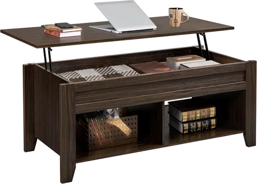 Vista 13 de Yaheetech Mesa de centro de madera negra elevable, con almacenamiento oculto y 2 estantes abiertos para sala de estar, recepción, oficina, 39.5