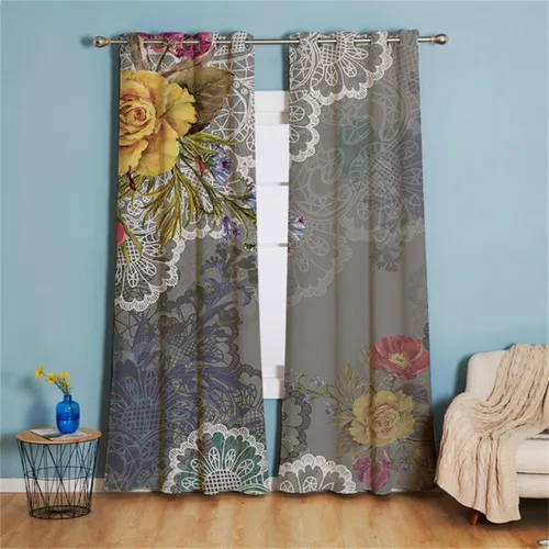 Vista 9 de Koudi Cortinas opacas con diseño de pájaros y flores, cortinas de oscurecimiento con ojales, paneles de cortina con aislamiento térmico