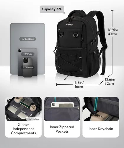 Vista 3 de WATERFLY Mochila informal de viaje, senderismo, 22L, ligera, para uso diario, al aire libre, ciudad, universidad, para mujeres y hombres