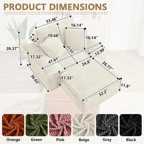 Vista 2 de Tumbona de 47 pulgadas para interiores, moderno sofá cama sin huesos con otomana, silla de asiento profundo con almohadas, cómodos sofás seccionales