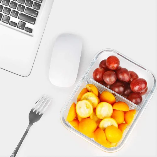 Vista 5 de Contenedores de preparación de comidas, 2 compartimentos con cuencos de vidrio con tapas, recipientes de almacenamiento de alimentos, recipientes