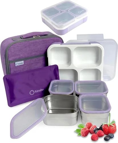 Vista 9 de Juego de Lonchera Bento de Acero Inoxidable para Adultos, Niños - Bolsa Aislante y Paquete de Hielo - Compartimento de Metal a Prueba de Fugas