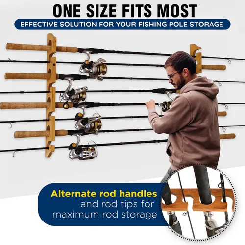 Vista 6 de Rush Creek Creations 8 Fishing Rod Wall or Ceiling Storage Rack, Vertical or Horizontal Holder for Garage, 8 Rod and Reel Combo Capacity