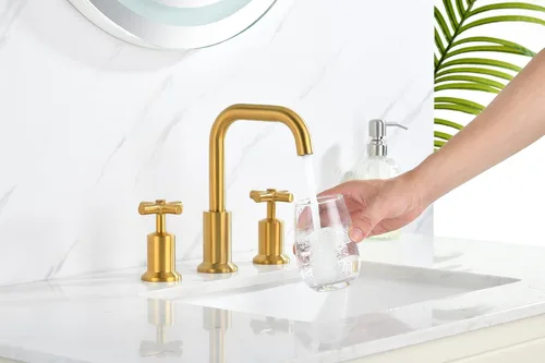 Vista 3 de Grifo de baño generalizado de dos manijas, grifos de baño para fregadero de 3 agujeros con drenaje emergente push up, 2 manijas, grifo de fregadero