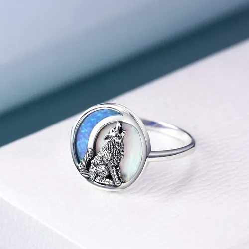 Vista 4 de POPKIMI Anillos de lobo de plata de ley de ópalo para mujer, joyería de lobo de ópalo, luna, lobo, regalos de lobo aullador, joyería para amantes