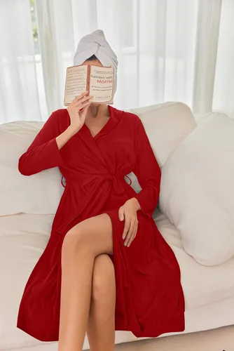 Vista 4 de Ekouaer Batas para mujer de manga larga tipo kimono de punto, suave y ligera, ropa de dormir de algodón para mujer