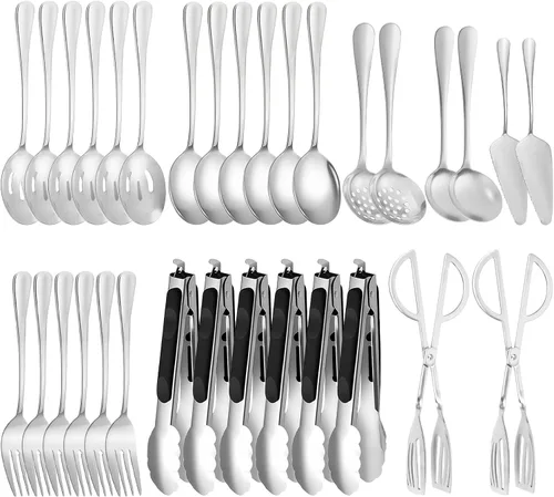 Vista 13 de Juego de 20 utensilios para servir, utensilios completos de acero inoxidable para bufé de catering para barbacoas de verano, parrillas, picnic