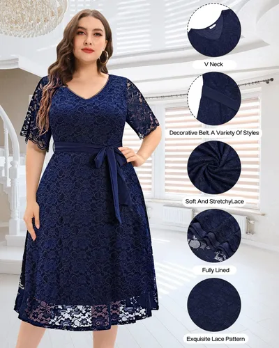Vista 5 de Vestido midi de manga corta con encaje para mujer, talla grande, para despedida de soltera, invitada de boda, cóctel, semiformal, cuello en V