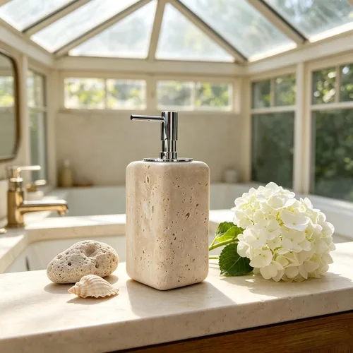 Vista 4 de Dispensador de jabón de travertino, accesorios de baño, dispensador de loción de piedra cuadrada orgánica natural prémium con bomba de metal