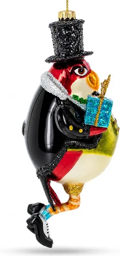 Vista 3 de Adorno navideño de cristal con diseño de pingüino en sombrero negro