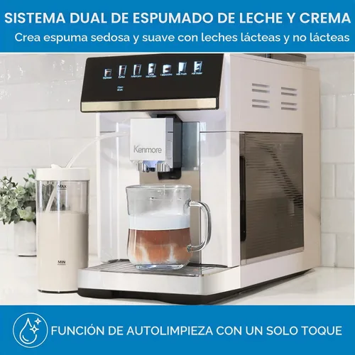 Vista 6 de Kenmore Cafetera de Café Completamente Automática - con Molinillo, Espumador de Leche y Vaporizador, Tamper Automático, Máquina de Espresso Blanco