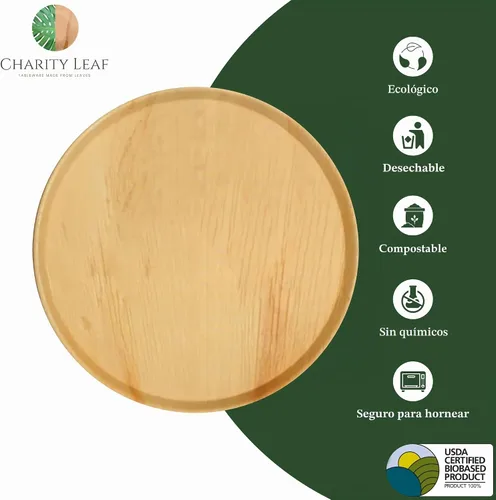 Vista 2 de Bandejas planas redondas de bambú desechables de 13 pulgadas (10 piezas) de bambú para servir, tableros desechables, vajilla ecológica para bodas