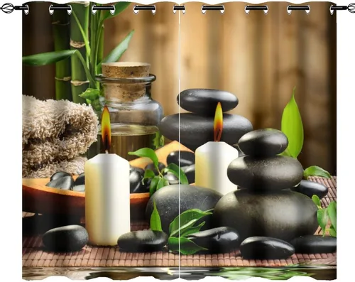 Vista 25 de Cortinas opacas de estilo japonés para dormitorio, hermoso pavo real, spa, verde, bambú, piedra negra, con ojales, aislamiento térmico, para Jardín
