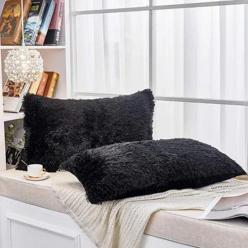 Vista 2 de JAUXIO Juego de 2 fundas de almohada decorativas largas de piel sintética suave y sólida, fundas de almohada de tiro esponjosas de terciopelo peludo